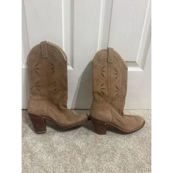 Vintage Dingo Acme Leather Cowboy Boots Women’s Sz US 7 Made In USA Western Tan - Picture 1 of 13